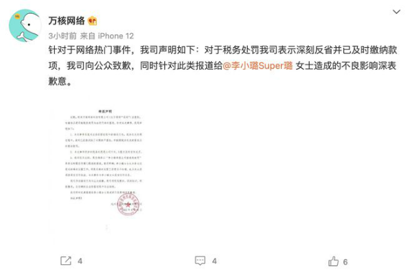 李小璐工作室回应投资公司偷漏税被罚 涉事公司致歉