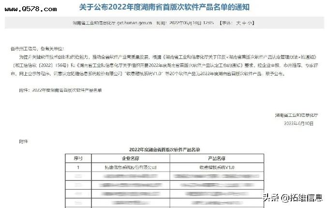 拓维信息“收费稽核系统V1.0”获评2022年度湖南省首版次软件产品