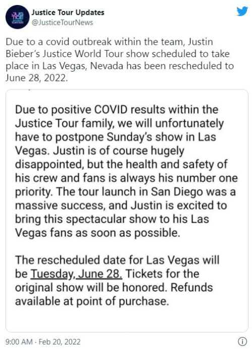 贾斯汀·比伯推迟巡回演唱会 因非冠状疾病日渐严重