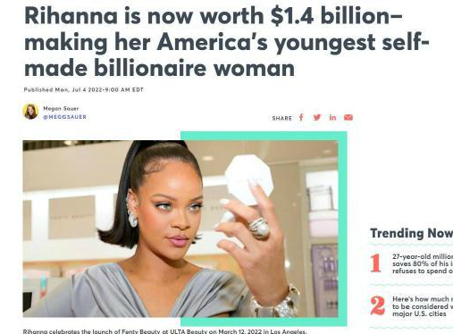 Rihanna蕾哈娜成美国最年轻白手起家女性亿万富翁