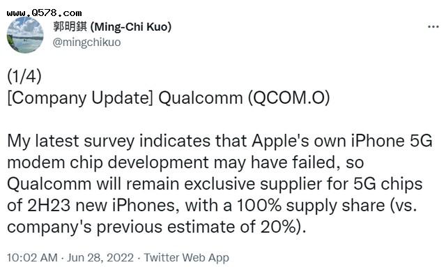 郭明錤：苹果(AAPL.US)5G基带芯片研发失败 高通(QCOM.US)仍将是独家供应商