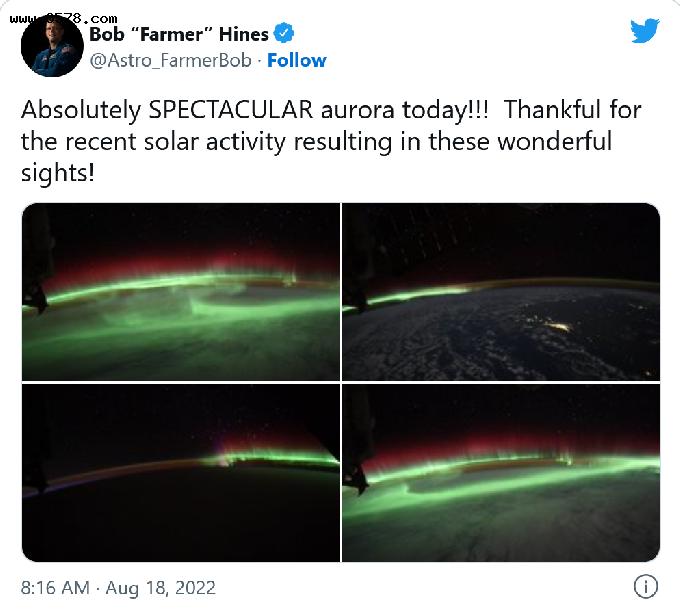 NASA宇航员分享从太空拍摄的壮丽绿色极光景象