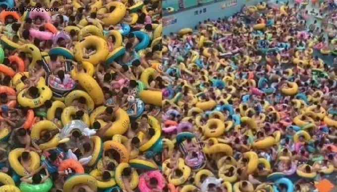 夏季水上乐园 人肉甜甜圈 挤满泳池