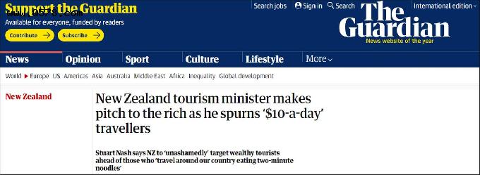 新西兰旅游部长：每天只花10美元的游客不是我们的目标，富人才是