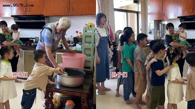 暑假期间，广东爷爷迎来“子孙满堂”，十几个孙儿排队打饭引关注