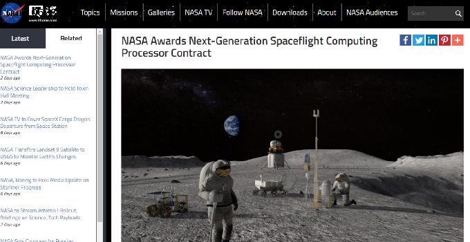 NASA 宣布开发下一代航天计算 (HPSC) 芯片，性能提升 100 倍