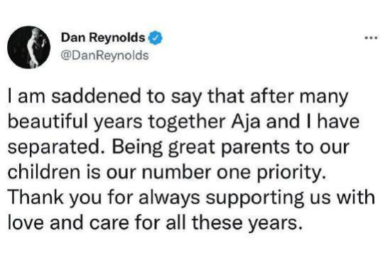 梦龙Imagine Dragons主唱Dan Reynolds宣布离婚