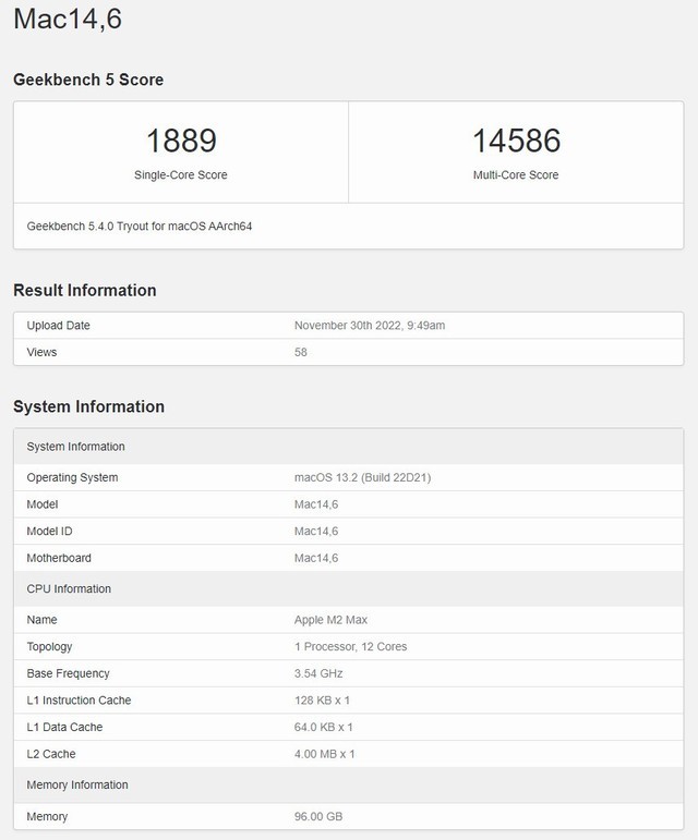 苹果M2 Max跑分曝光 达到12代酷睿i7-12700K水平